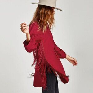 Zara Oversize Tunic With Western Side Fringe In Red Cotton Poplin Size XS EUC